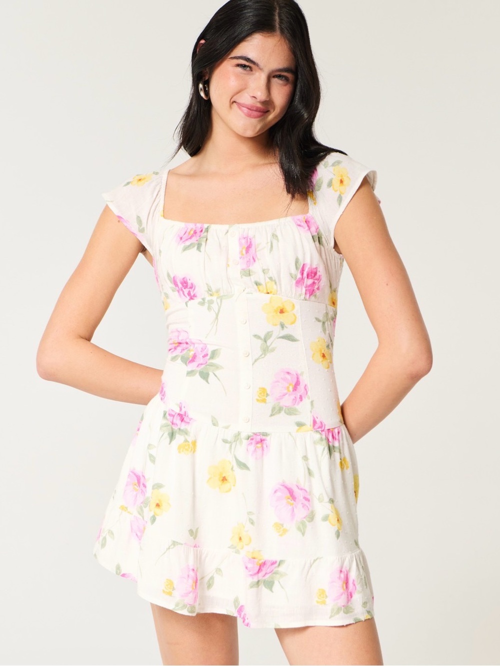 Hollister Mini Dress Petite XS white floral scoop neck ruffle cap sleeve skort